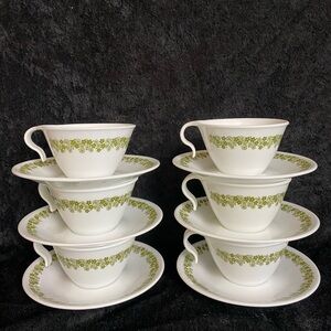 6 Vintage Corelle Spring Blossom Crazy Daisy Hook Handle Teacups & Saucers